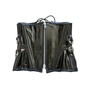 Vintage Stormy Leather Black Patent Cincher Corset Front Zip Lace Up Small Goth